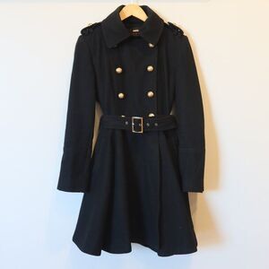 Miss Sixty Double Breasted Peacoat Wool Blend black Belt Trench gold S military